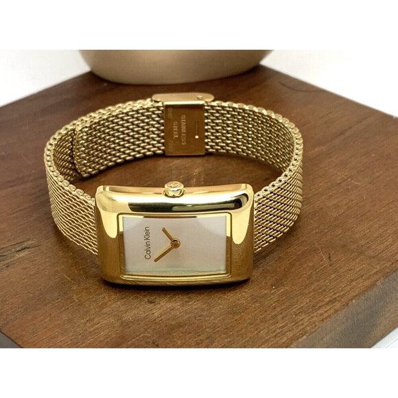 Calvin Klein Women's Watch Silver Dial Quartz Gold Mesh Steel Band Tank … - Picture 7 of 13